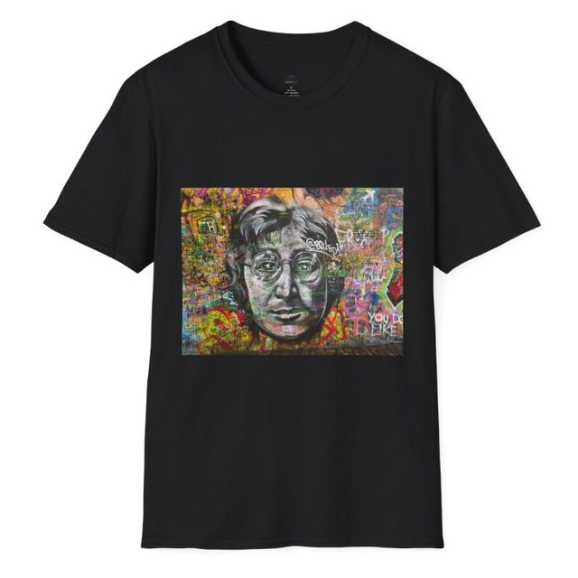 Black T-shirt printed with a colorful graffiti portrait from a wall in Prague
